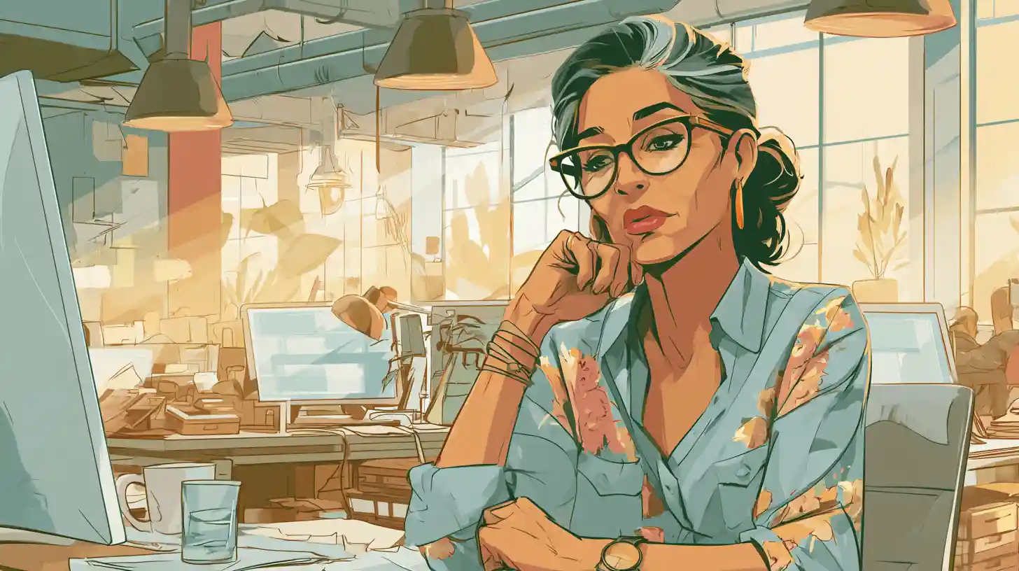 Illustration: Mit-Agerin am Schreibtisch, nachdenklicher blick auf Bildschirm
