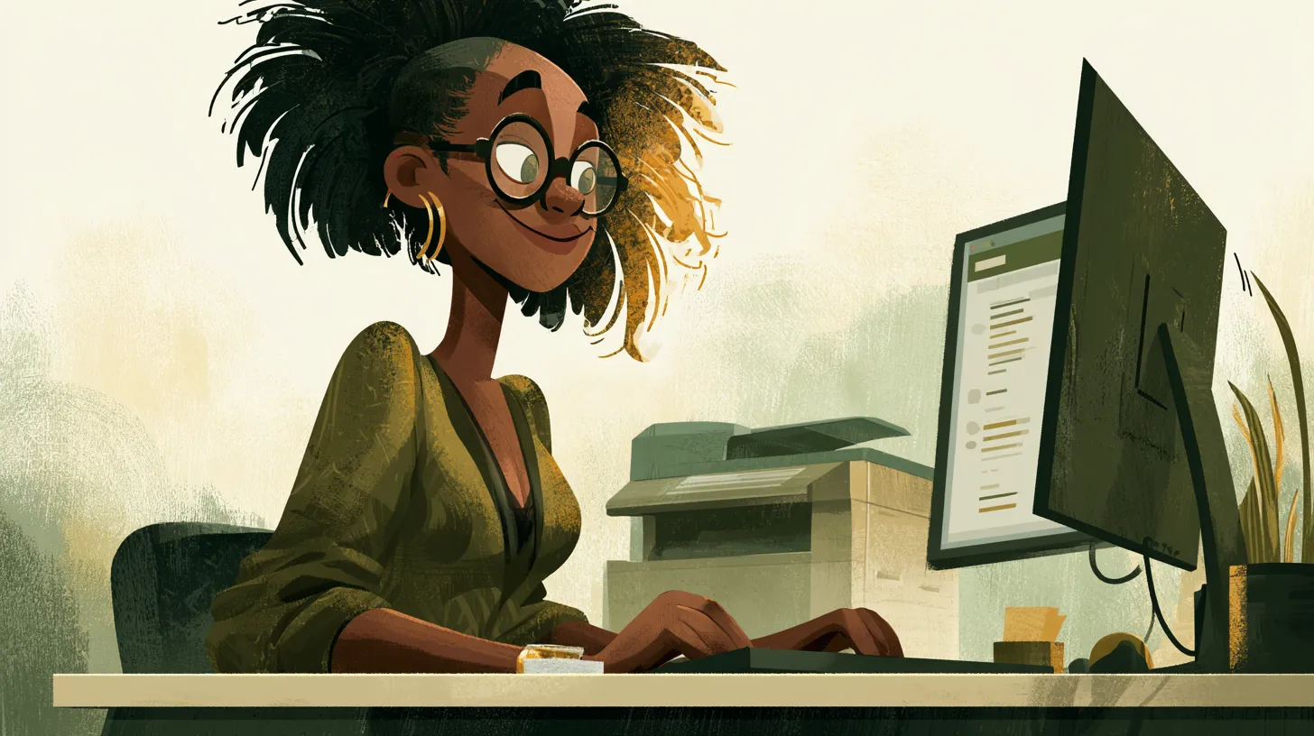 Illustration: Person Ende 20 am Service-Desk prüft konzentriert eine Druckwarteschlange am Monitor, im Hintergrund ein Bürodrucker