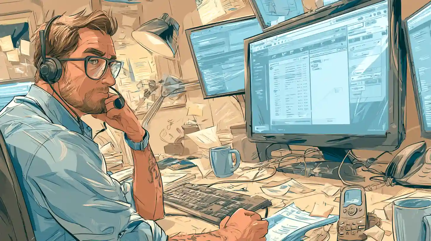 Illustration: Quereinsteiger am Schreibtisch, auf dem Monitor ein geöffnetes Ticketsystem.