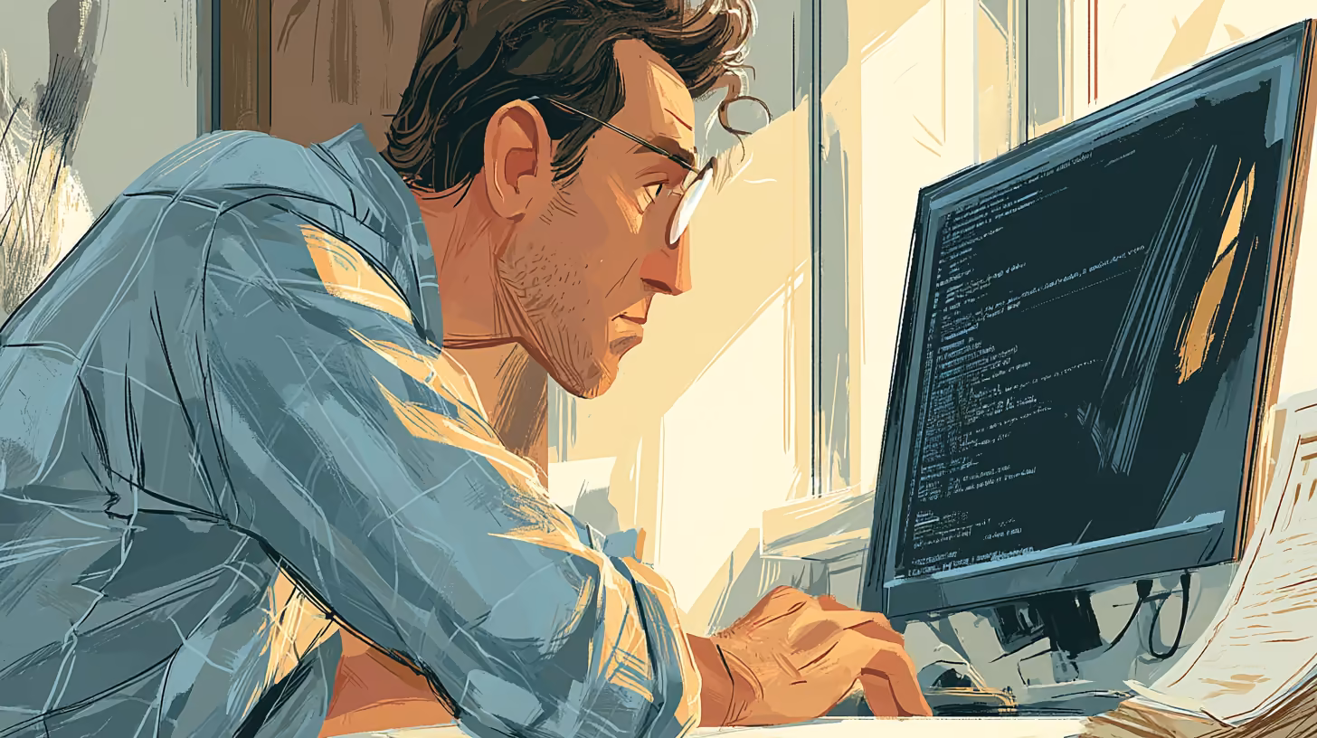 Illustration: Person Ende 20 am ruhigen Schreibtisch, vor sich ein Terminal mit einer Rechte-Pruefung, daneben ein kleiner Stapel Zertifikate zur Seite geschoben